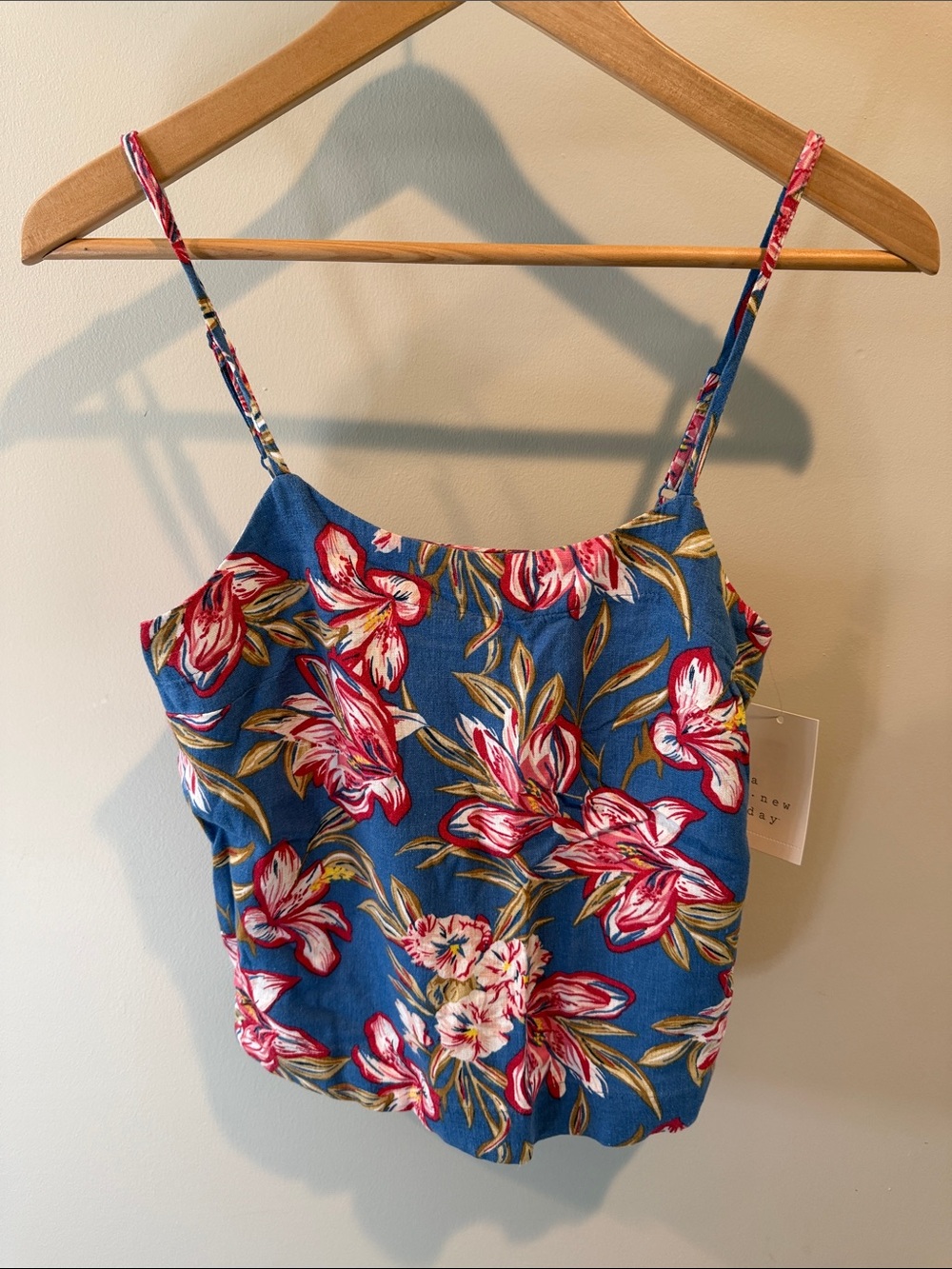A New Day XS Blue Tropical Floral Coquette Linen-Blend Strappy Cropped Tank Cami